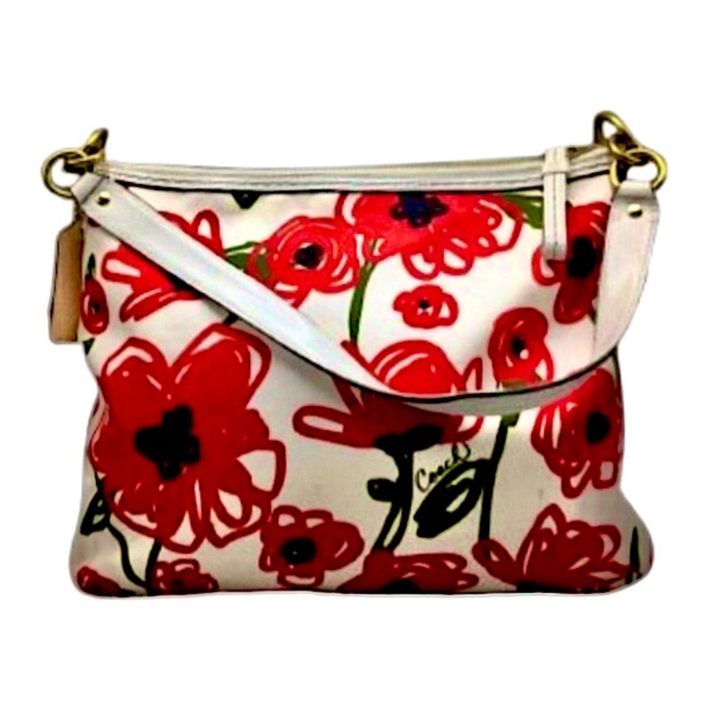 COACH Poppy Red Poppies on White Sateen Satchel Bag w Exterior Zip Pocket